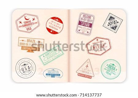 Vector passport with stamps. Open passport pages with airport stamps and watermarks. Realistic international document for travel
