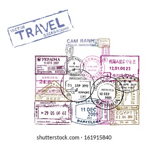 vector passport stamps in the shape of a suitcase - travel theme background