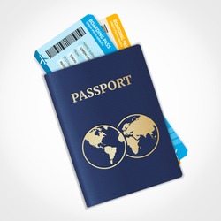 Vector Passport With Tickets. Air Travel Concept. Flat Design Citizenship ID For Traveler Isolated. Blue International Document - Pasports Illustration.