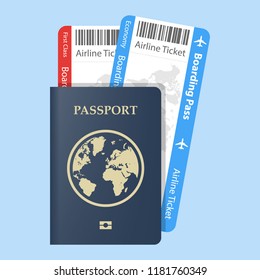 	
Vector passport with tickets  Air travel concept. Flat Design citizenship ID for traveler isolated. Blue international document - passports illustration