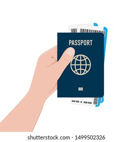 Vector passport with tickets. Air travel concept. Flat Design citizenship ID for traveler isolated. Blue international document - pasports illustration.