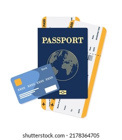 Vector passport with tickets. Air travel concept. Flat Design citizenship ID for traveler isolated. Blue international document - pasports illustration. Eps 10