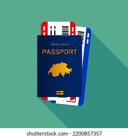 Pasaporte vectorial con boletos. Concepto de viajes aéreos. Identificación de ciudadanía de diseño plano para el viajero aislado. Documento internacional azul - Suiza