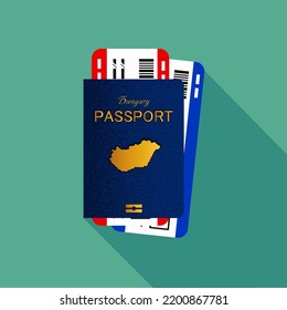 Vector passport with tickets. Air travel concept. Flat Design citizenship ID for traveler isolated. Blue international document - Hungary