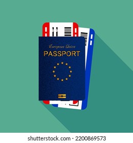 Vector passport with tickets. Air travel concept. Flat Design citizenship ID for traveler isolated. Blue international document - European Union