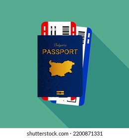 Vector passport with tickets. Air travel concept. Flat Design citizenship ID for traveler isolated. Blue international document - Bulgaria