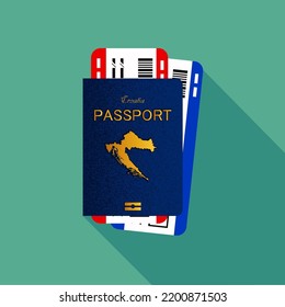 Vector passport with tickets. Air travel concept. Flat Design citizenship ID for traveler isolated. Blue international document - Croatia