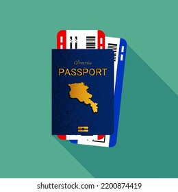 Vector passport with tickets. Air travel concept. Flat Design citizenship ID for traveler isolated. Blue international document - Armenia