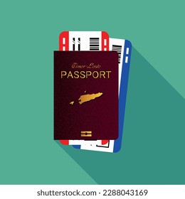 Vector passport with tickets. Air travel concept. Flat Design citizenship ID for traveler isolated. Blue international document - Timor-Leste