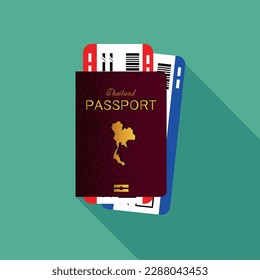 Vector passport with tickets. Air travel concept. Flat Design citizenship ID for traveler isolated. Blue international document - Thailand