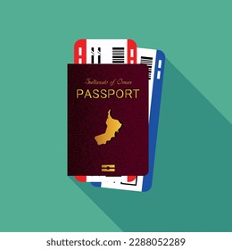 Vector passport with tickets. Air travel concept. Flat Design citizenship ID for traveler isolated. Blue international document - Oman