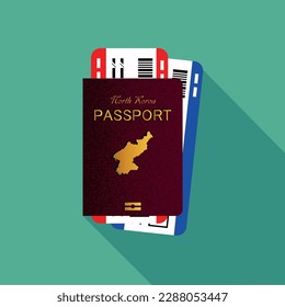 Vector passport with tickets. Air travel concept. Flat Design citizenship ID for traveler isolated. Blue international document - North Korea