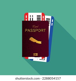 Vector passport with tickets. Air travel concept. Flat Design citizenship ID for traveler isolated. Blue international document - Nepal