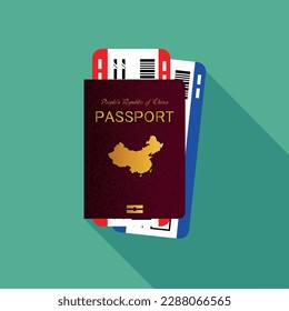 Vector passport with tickets. Air travel concept. Flat Design citizenship ID for traveler isolated. Blue international document - China