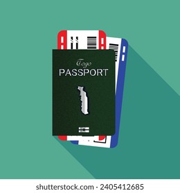 Vector passport with tickets. Air travel concept. Flat Design citizenship ID for traveler isolated. Blue international document - Togo.