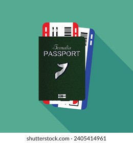 Vector passport with tickets. Air travel concept. Flat Design citizenship ID for traveler isolated. Blue international document - Somalia.