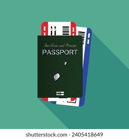 Vector passport with tickets. Air travel concept. Flat Design citizenship ID for traveler isolated. Blue international document - São Tomé and Príncipe.