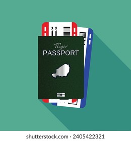 Vector passport with tickets. Air travel concept. Flat Design citizenship ID for traveler isolated. Blue international document - Niger.