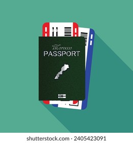 Vector passport with tickets. Air travel concept. Flat Design citizenship ID for traveler isolated. Blue international document - Morocco.