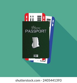 Vector passport with tickets. Air travel concept. Flat Design citizenship ID for traveler isolated. Blue international document - Ghana.