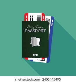 Vector passport with tickets. Air travel concept. Flat Design citizenship ID for traveler isolated. Blue international document - Ivory Coast(Côte d'Ivoire).