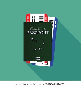 Vector passport with tickets. Air travel concept. Flat Design citizenship ID for traveler isolated. Blue international document - Cape Verde.