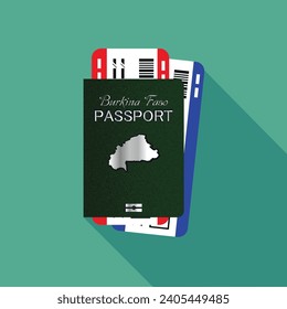 Vector passport with tickets. Air travel concept. Flat Design citizenship ID for traveler isolated. Blue international document - Burkina Faso.