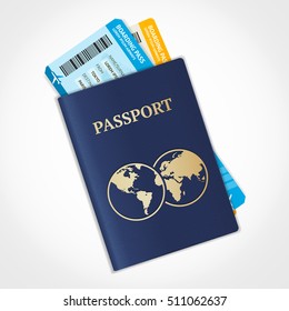 Векторный паспорт с билетами. Концепция авиаперевозок. Квартира Дизайн гражданства ID для путешественника изолированы. Синий международный документ - иллюстрация для паст.