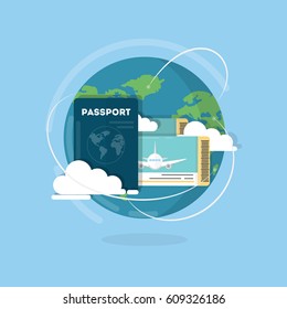 Vector passport with tickets. Air travel concept. Flat Design. ID for traveler