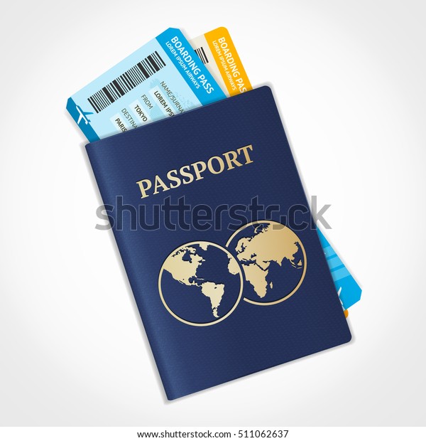 Vector passport with tickets. Air travel\
concept. Flat Design citizenship ID for traveler isolated. Blue\
international document - pasports\
illustration.