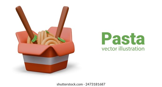 Vector pasta concept on white background. Noodles in paper box, chopped greens, chopsticks