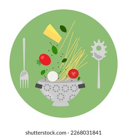 Vector of pasta ingredients, a strainer, a fork and a pasta server. 