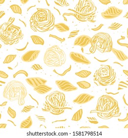 Vector pasta pattern. Homemade delicious noodle pattern on spotted background. Hand drawn in pastel tones on white background 