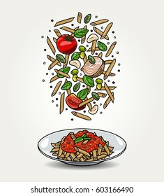 Vector Pasta Penne with Tomato Sauce in Plate and Falling Ingredients