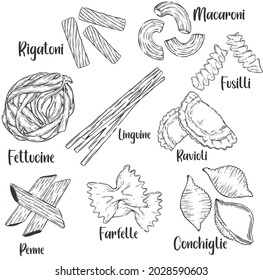 Vector of Pasta Set hand drawn sketch style. Drawing element design. Used for menu, poster, banner, label, logo or printed t-shirts, etc.