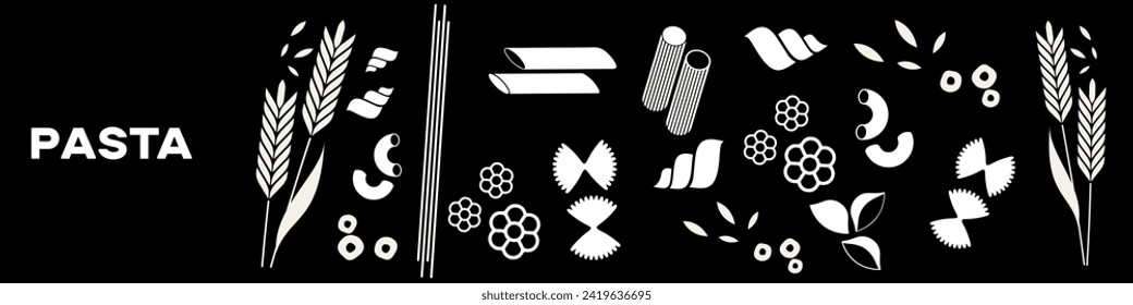 Vector pasta. Vector sketch of pasta types, outline,  on a black background.