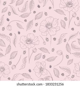 Vector pastel anemone flowers and raspberries seamless pattern print background.