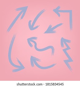 Vector Pastel Arrows Set, Pink Background and Light Blue Arrow Signs, Direction, Brush Strokes, Hand Drawn Painting.