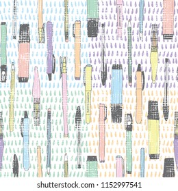 Vector pastel back to school stationery seamless repeat pattern with hand drawn drops in the background  in colorful squares and distressed texture on top. Perfect for stationery, packaging, fabric.