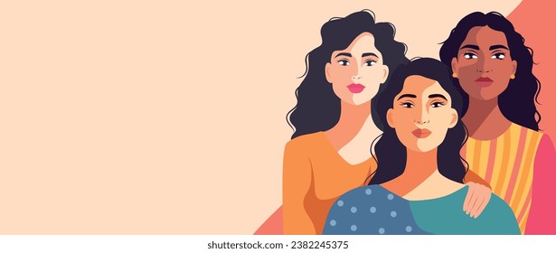 Vector pastel background banner flat for Women's Day, women of different cultures and nationalities stand side by side. Vector concept of movement for gender equality and women's empowerment