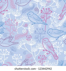 Vector pastel birds and flowers seamless pattern background with hand drawn elements.