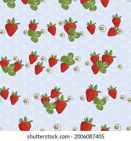 Vector pastel blue background garden strawberries, berry flowers, berries fruits. Seamless pattern background