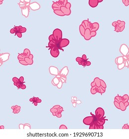 Vector pastel blue background pink, purple white magnolia flowers, liberty, Seamless pattern background