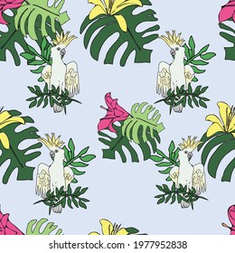 Vector pastel blue background tropical birds, parrots, exotic cheese plant, monstera, hibiscus flowers. Seamless pattern background