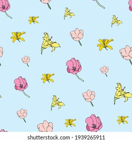 Vector pastel blue background yellow pink floral seamless pattern. Lilies, Tulips. Seamless pattern background