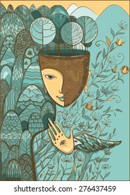 Vector pastel blue and beige illustration of Mother Nature with animals, trees, flowers and mountains. Goddess of Summer. Protect of environment. eps 10