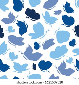 Vector pastel blue color butterflies silhouette seamless pattern background on white base