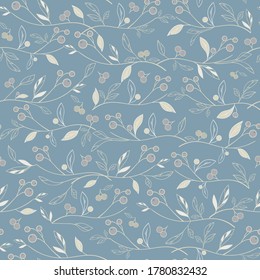 Vector pastel blue leafs and berries seamless background ornament texture.