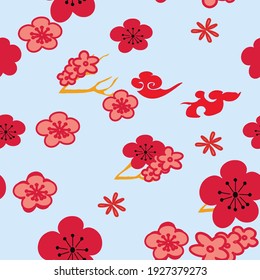 Vector pastel blue red pink cherry flowers blossom sky, seamless pattern background.