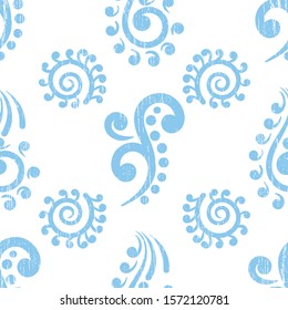 Vector pastel blue vintage style koru elements with texture on top seamless pattern background on white surface